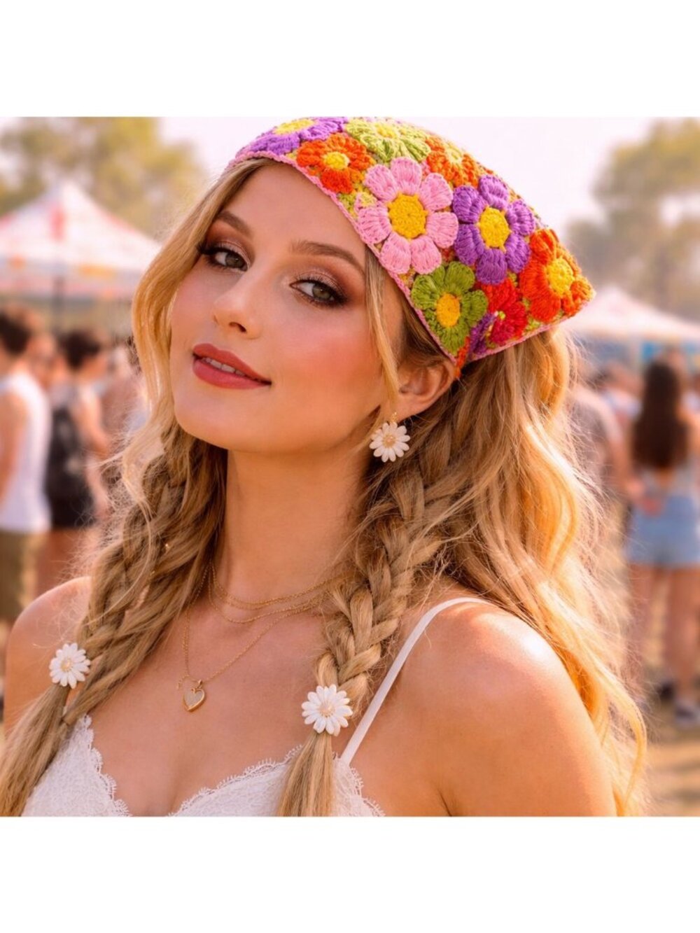 Crochet Floral Bandana Granny Square Head Scarf Boho Festival Hair Wrap Daisy